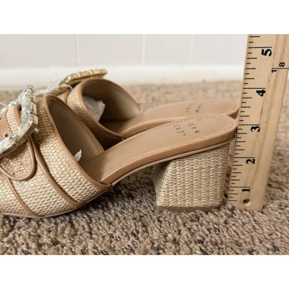 A New Day Rhinestone Buckle Block Heel 6 Slide Sandals Beige Women’s